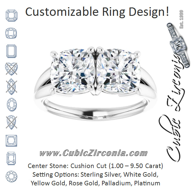 Cubic Zirconia Engagement Ring- The Janice (Customizable Two-Stone Cushion Cut with Split Band)