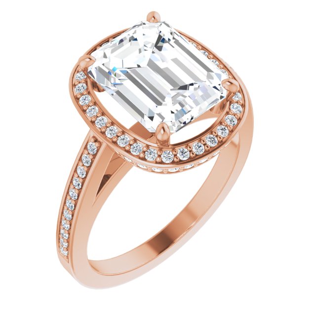 10K Rose Gold Customizable Cathedral-set Emerald/Radiant Cut Design with Halo, Thin Pavé Band & Round-Bezel Peekaboos