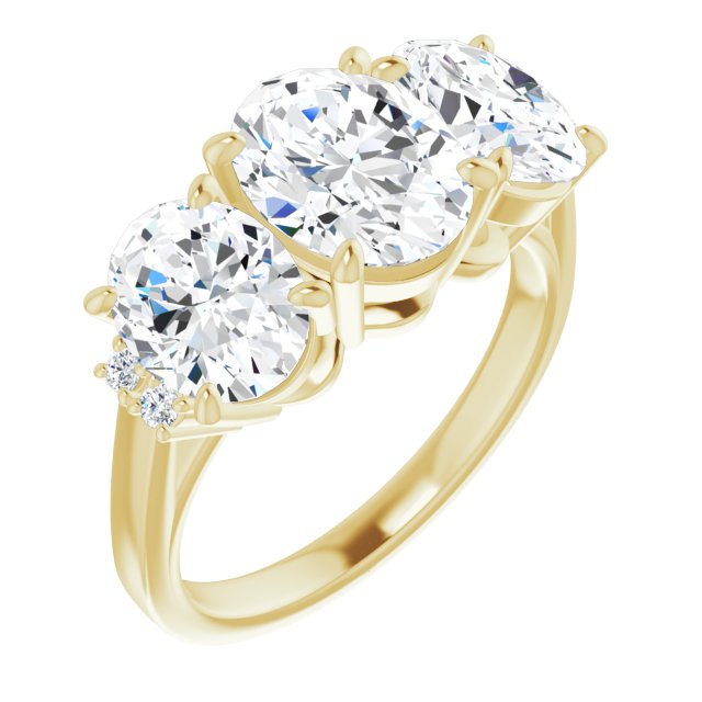 10K Yellow Gold Customizable Triple Oval Cut Design with Quad Vertical-Oriented Round Accents