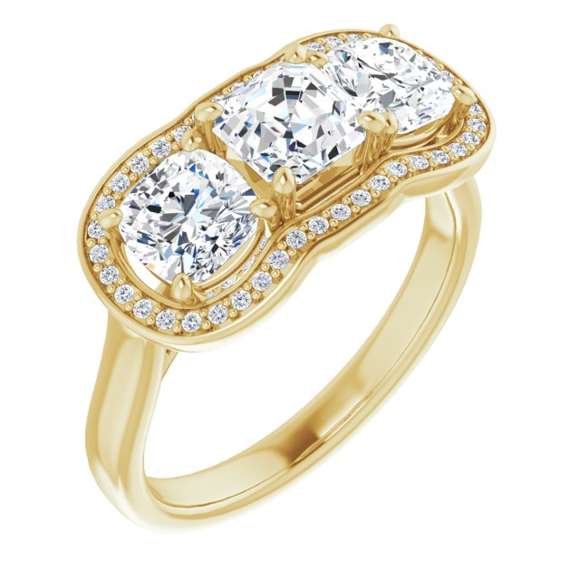 10K Yellow Gold Customizable 3-stone Design with Asscher Cut Center, Cushion Side Stones, Triple Halo and Bridge Under-halo