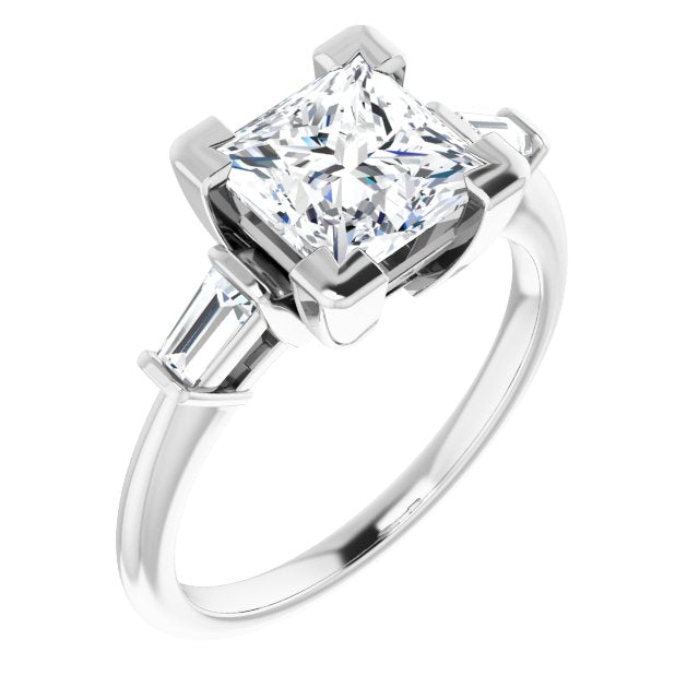 10K White Gold Customizable 3-stone Princess/Square Cut Design with Dual Baguette Accents)