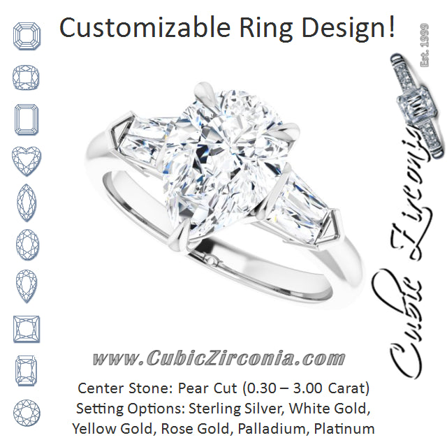 Cubic Zirconia Engagement Ring- The Fortunada (Customizable 5-stone Design with Pear Cut Center and Quad Baguettes)