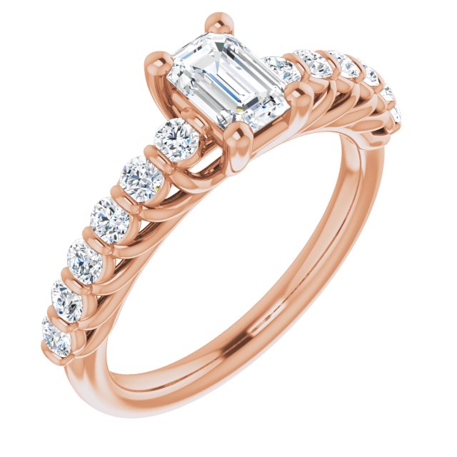 10K Rose Gold Customizable Emerald/Radiant Cut Style with Round Bar-set Accents