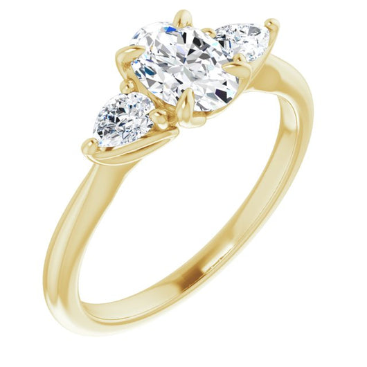 10K Yellow Gold Customizable 3-stone Design with Oval Cut Center and Dual Large Pear Side Stones
