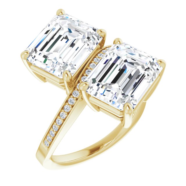 10K Yellow Gold Customizable 2-stone Emerald/Radiant Cut Bypass Design with Thin Twisting Shared Prong Band