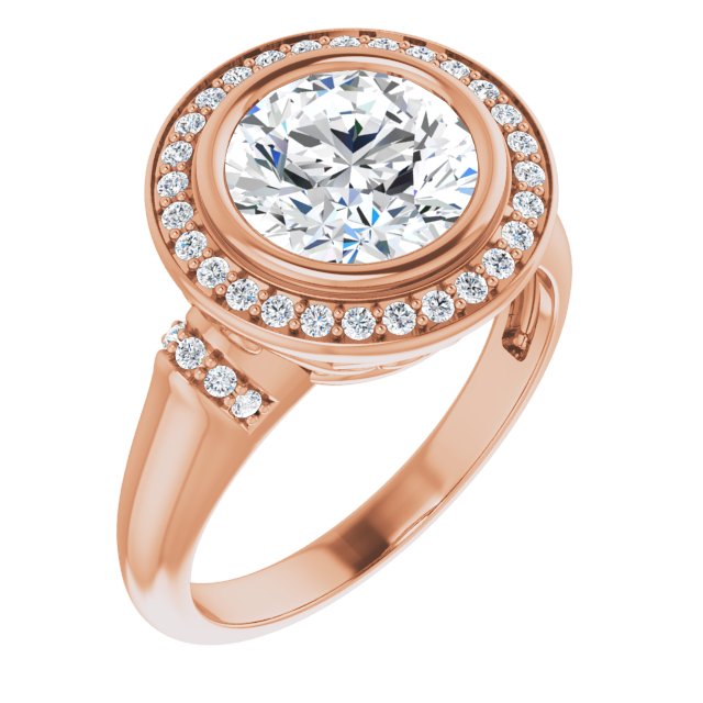 18K Rose Gold Customizable Bezel-set Round Cut Design with Halo and Vertical Round Channel Accents