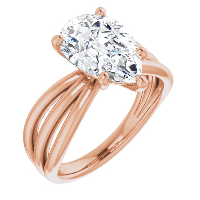 10K Rose Gold Customizable Pear Cut Solitaire Design with Wide, Ribboned Split-band