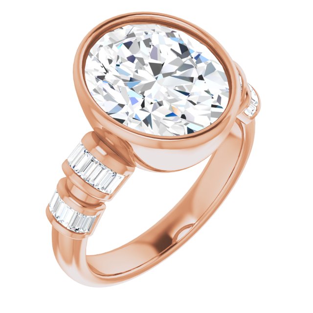10K Rose Gold Customizable Bezel-set Oval Cut Design with Quad Horizontal Band Sleeves of Baguette Accents