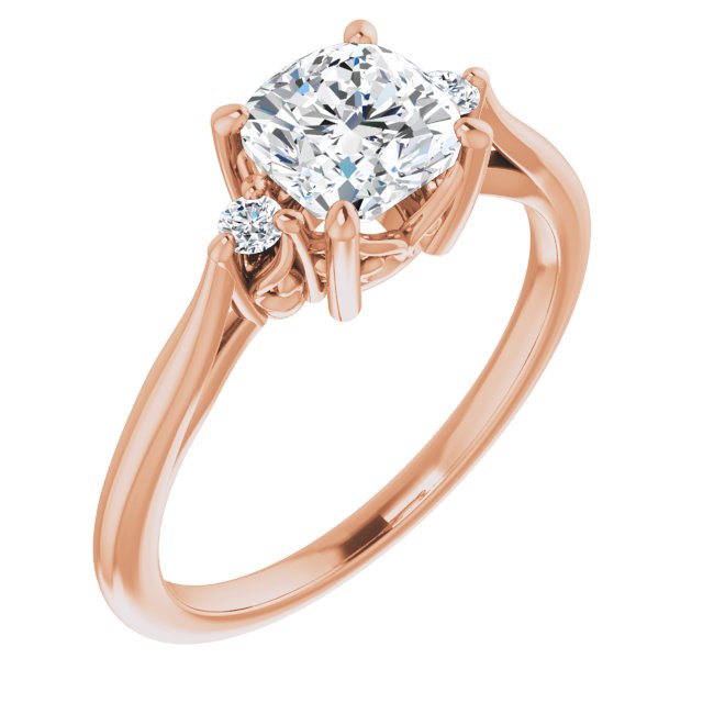 10K Rose Gold Customizable Three-stone Cushion Cut Design with Small Round Accents and Vintage Trellis/Basket