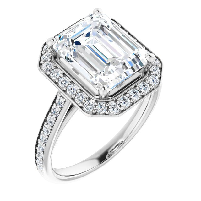 10K White Gold Customizable Cathedral-raised Emerald/Radiant Cut Halo-and-Accented Band Design