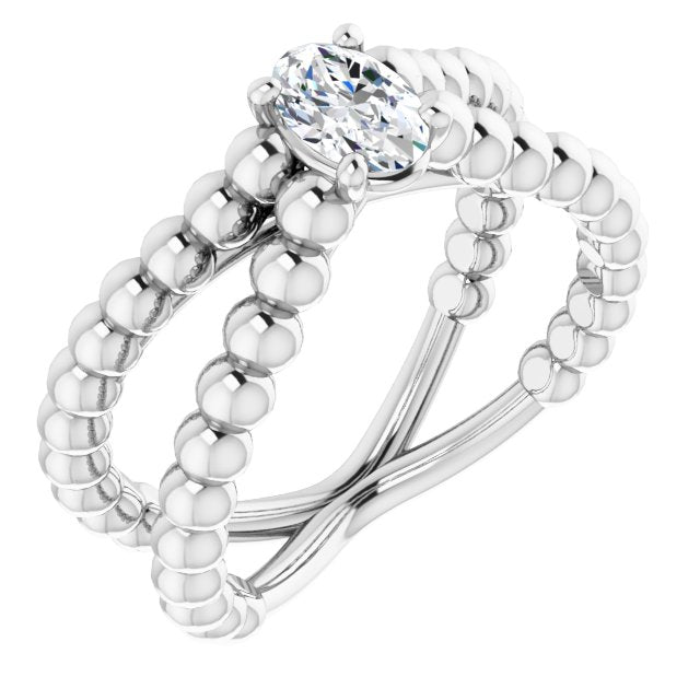 10K White Gold Customizable Oval Cut Solitaire with Wide Beaded Split-Band