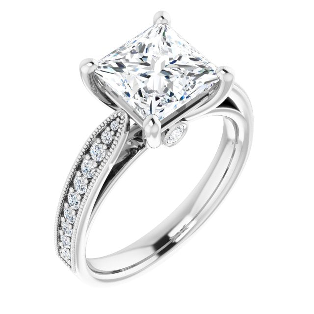 Cubic Zirconia Engagement Ring- The Carli Love (Customizable Princess/Square Cut Style featuring Milgrained Shared Prong Band & Dual Peekaboos)