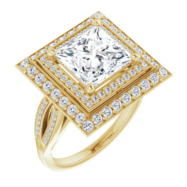 10K Yellow Gold Customizable Cathedral-style Princess/Square Cut Design with Double Halo & Split-Pavé Band