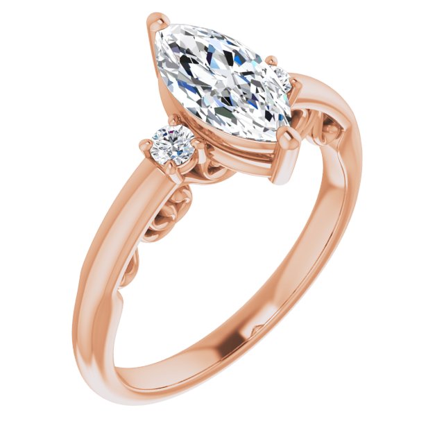 10K Rose Gold Customizable Marquise Cut 3-stone Style featuring Heart-Motif Band Enhancement