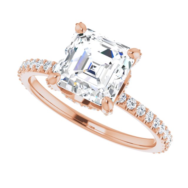 Cubic Zirconia Engagement Ring- The Maleny (Customizable Asscher Cut Design with Round-Accented Band, Micropavé Under-Halo and Decorative Prong Accents))
