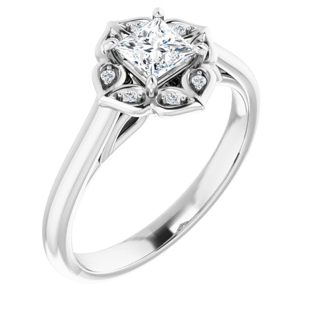 10K White Gold Customizable Cathedral-raised Princess/Square Cut Design with Star Halo & Round-Bezel Peekaboo Accents