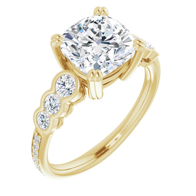 10K Yellow Gold Customizable Cushion Cut 7-stone Style Enhanced with Bezel Accents and Shared Prong Band