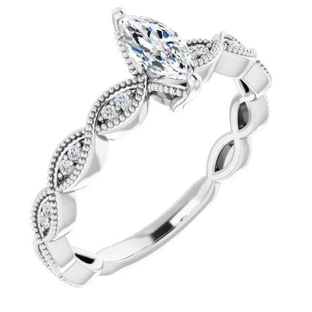 10K White Gold Customizable Marquise Cut Artisan Design with Scalloped, Round-Accented Band and Milgrain Detail