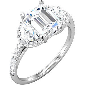 Cubic Zirconia Engagement Ring- The Celine (Emerald Cut with Dual Half-Moon Side Stones and Round Band Accents)