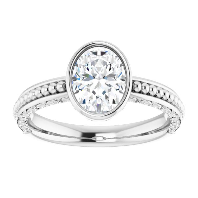 Cubic Zirconia Engagement Ring- The Cheyenne (Customizable Bezel-set Oval Cut Solitaire with Beaded and Carved Three-sided Band)