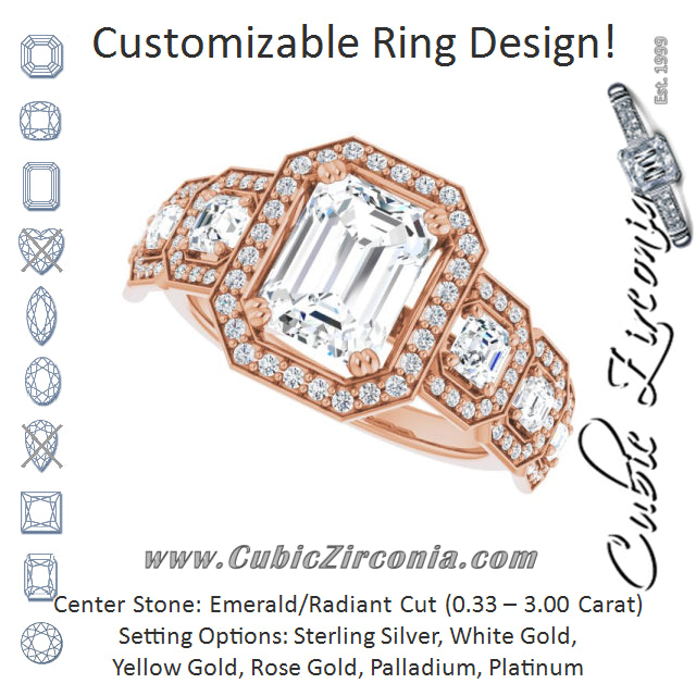 Cubic Zirconia Engagement Ring- The Carmela (Customizable Cathedral-Halo Radiant Cut Design with Six Halo-surrounded Asscher Cut Accents and Ultra-wide Band)