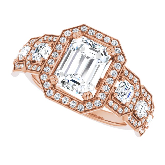 Cubic Zirconia Engagement Ring- The Carmela (Customizable Cathedral-Halo Emerald Cut Design with Six Halo-surrounded Asscher Cut Accents and Ultra-wide Band)