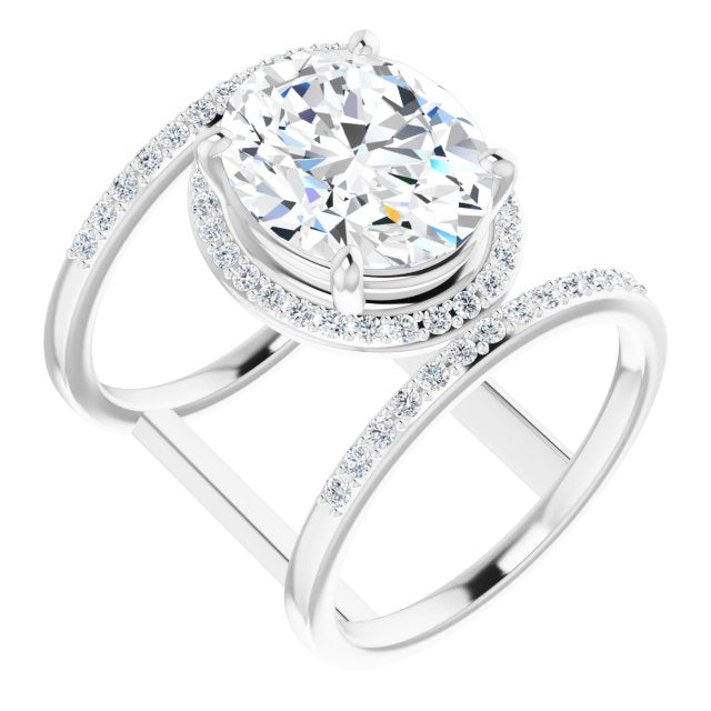 10K White Gold Customizable Oval Cut Halo Design with Open, Ultrawide Harness Double Pavé Band