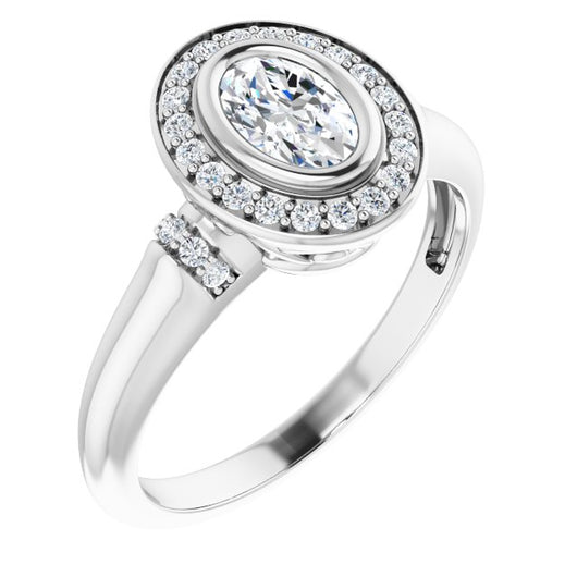 10K White Gold Customizable Bezel-set Oval Cut Design with Halo and Vertical Round Channel Accents