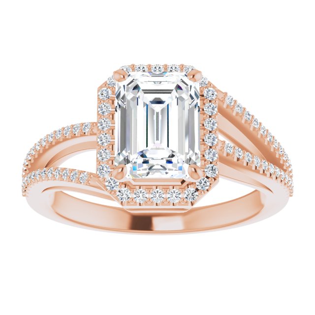 Cubic Zirconia Engagement Ring- The Claudette (Customizable Emerald Cut Vintage Design with Halo Style and Asymmetrical Split-Pavé Band)