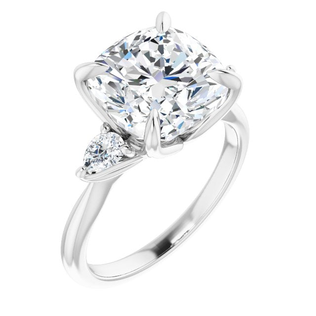 10K White Gold Customizable 3-stone Design with Cushion Cut Center and Dual Large Pear Side Stones