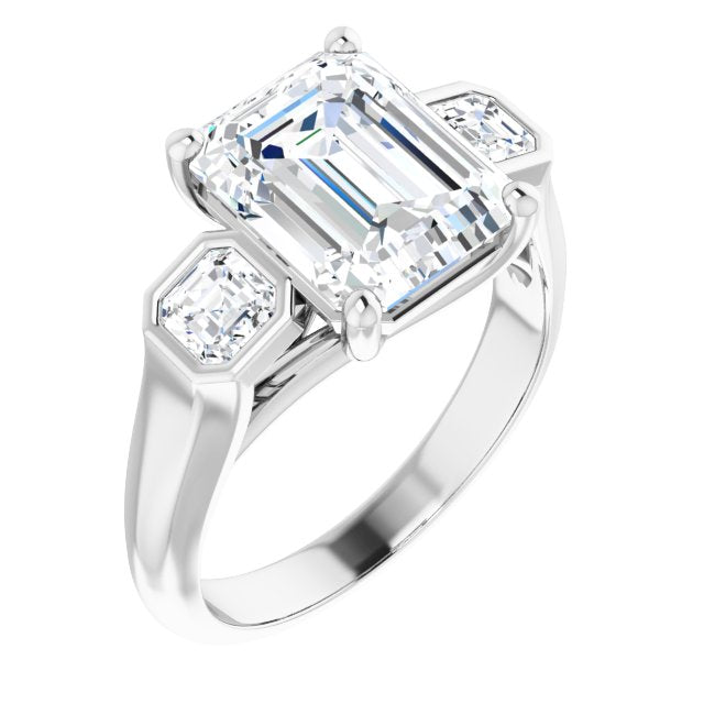 10K White Gold Customizable 3-stone Cathedral Emerald/Radiant Cut Design with Twin Asscher Cut Side Stones