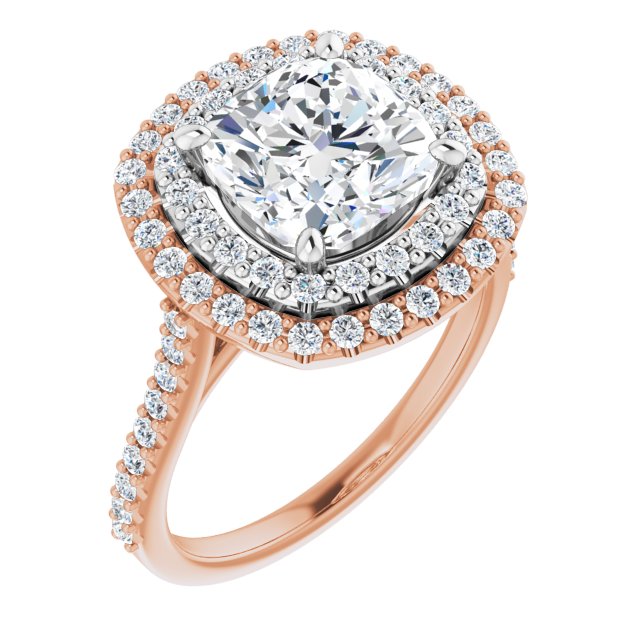14K Rose & White Gold Customizable Double-Halo Cushion Cut Design with Accented Split Band