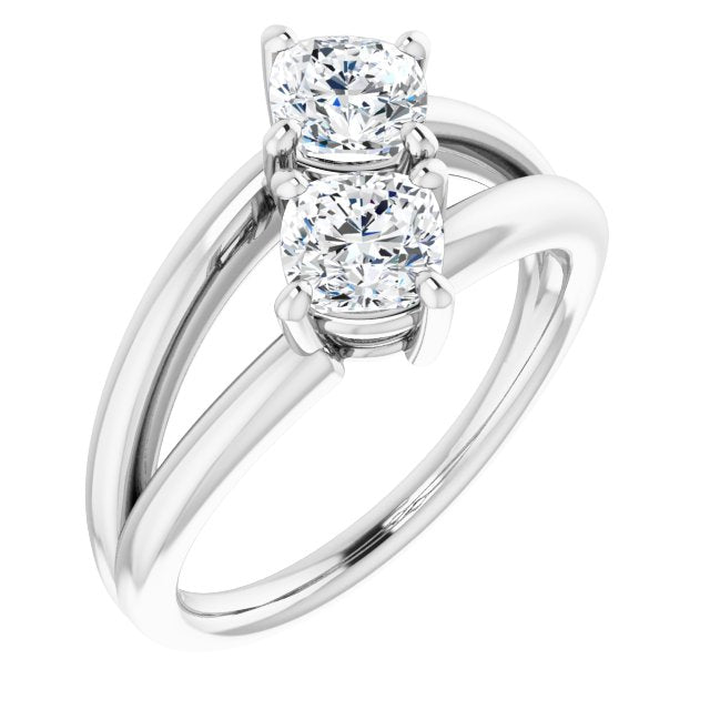 10K White Gold Customizable Two Stone Double Cushion Cut Design with Split Bypass Band