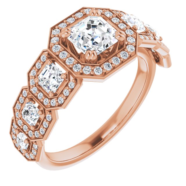 10K Rose Gold Customizable Cathedral-Halo Asscher Cut Design with Six Halo-surrounded Asscher Cut Accents and Ultra-wide Band