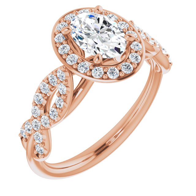10K Rose Gold Customizable Cathedral-Halo Oval Cut Design with Artisan Infinity-inspired Twisting Pavé Band