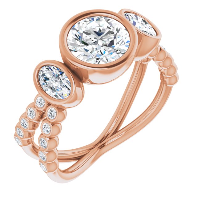 10K Rose Gold Customizable Bezel-set Round Cut Design with Dual Bezel-Oval Accents and Round-Bezel Accented Split Band
