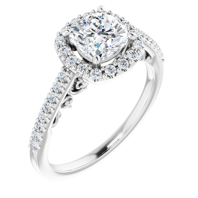 10K White Gold Customizable Cathedral-Halo Cushion Cut Design with Carved Metal Accent plus Pavé Band