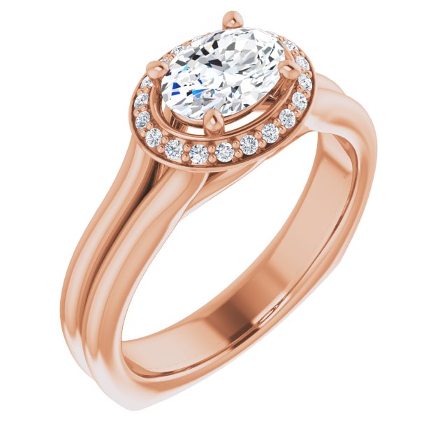 10K Rose Gold Customizable Oval Cut Style with Halo, Wide Split Band and Euro Shank