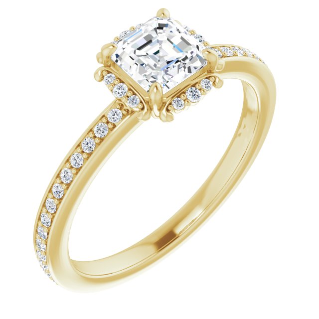 10K Yellow Gold Customizable Asscher Cut Style with Halo and Thin Shared Prong Band