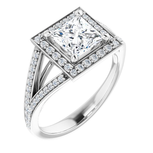 10K White Gold Customizable Cathedral-Halo Princess/Square Cut Style featuring Split-Shared Prong Band