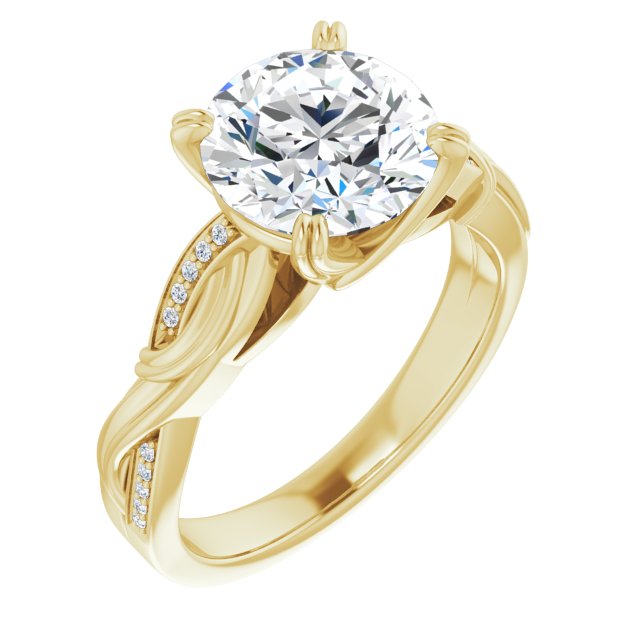 14K Yellow Gold Customizable Cathedral-raised Round Cut Design featuring Rope-Braided Half-Pavé Band