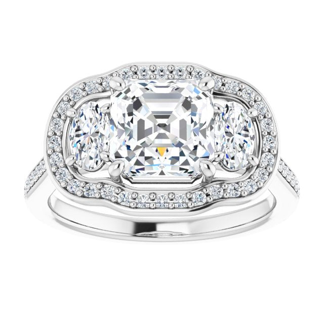 Cubic Zirconia Engagement Ring- The Dulce (Customizable Asscher Cut Style with Oval Cut Accents, 3-stone Halo & Thin Shared Prong Band)