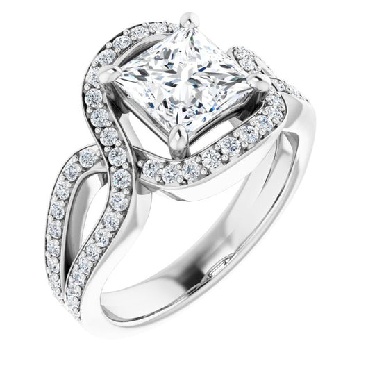 10K White Gold Customizable Princess/Square Cut Center with Infinity-inspired Split Shared Prong Band and Bypass Halo