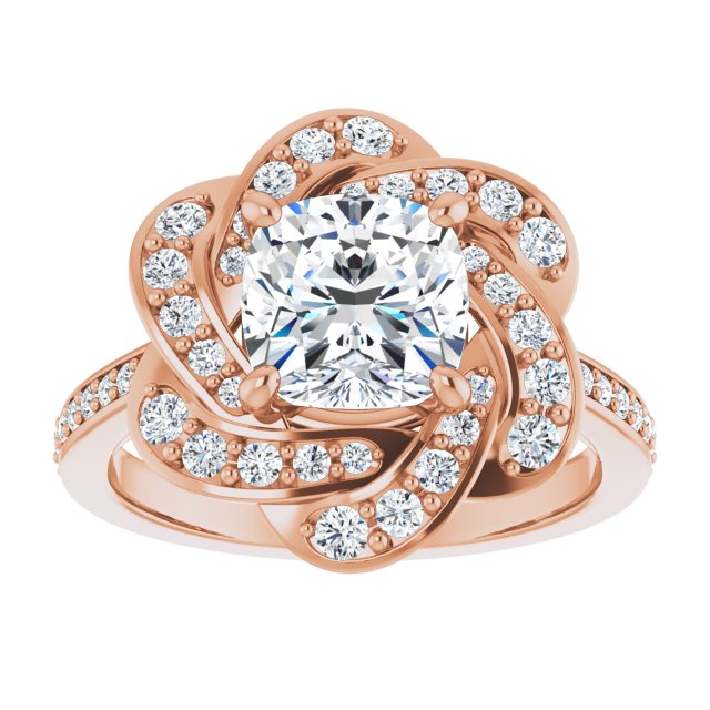 Cubic Zirconia Engagement Ring- The Lana (Customizable Cathedral-raised Cushion Cut Design with Floral/Knot Halo and Thin Accented Band)