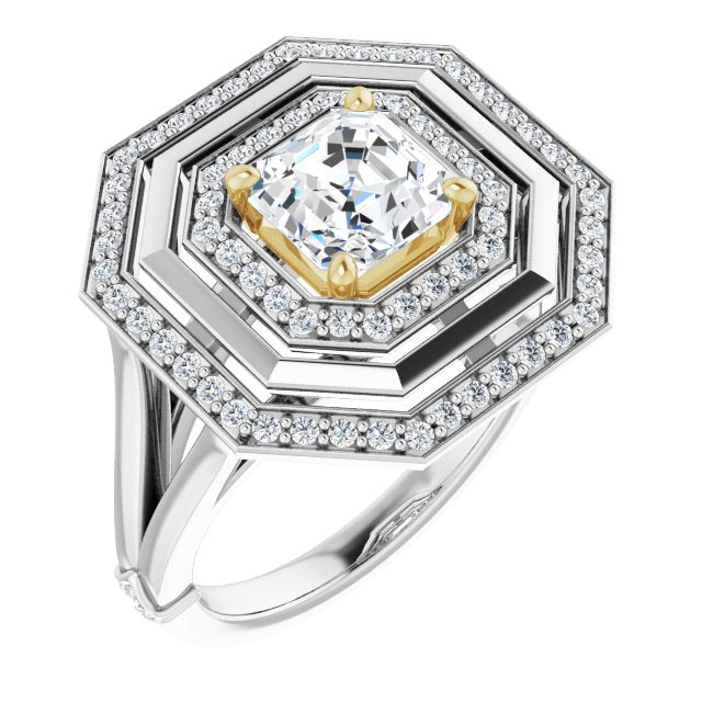 14K White & Yellow Gold Customizable Asscher Cut Oversized 2x Halo Style with Knuckle Accented Split Band