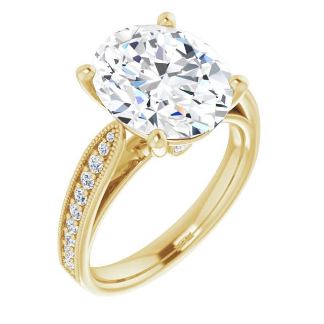 10K Yellow Gold Customizable Oval Cut Style featuring Milgrained Shared Prong Band & Dual Peekaboos