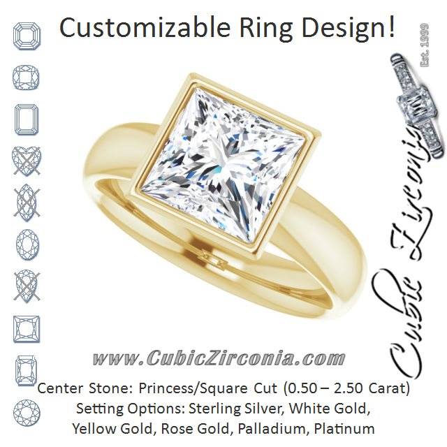 Cubic Zirconia Engagement Ring- The Jenny (Customizable Bezel-set Princess/Square Cut Solitaire with Wide Band)