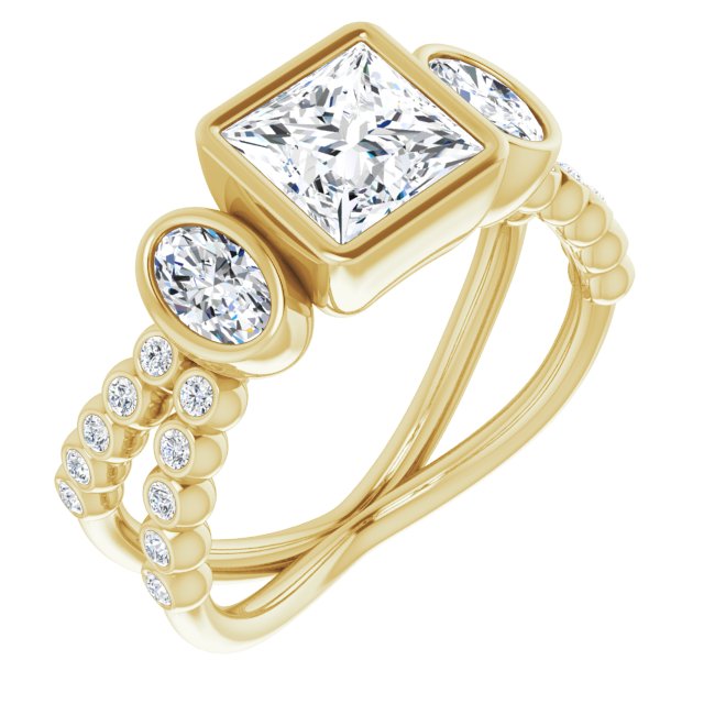 10K Yellow Gold Customizable Bezel-set Princess/Square Cut Design with Dual Bezel-Oval Accents and Round-Bezel Accented Split Band