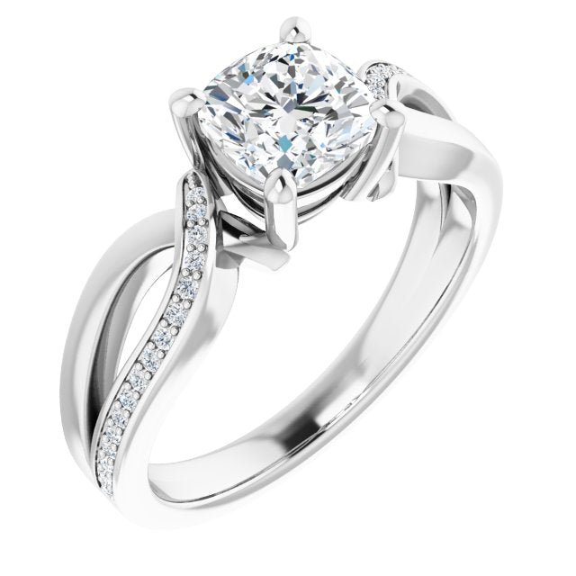 18K White Gold Customizable Cushion Cut Center with Curving Split-Band featuring One Shared Prong Leg