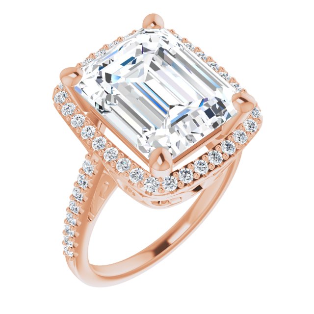 10K Rose Gold Customizable Cathedral-Crown Emerald/Radiant Cut Design with Halo and Accented Band
